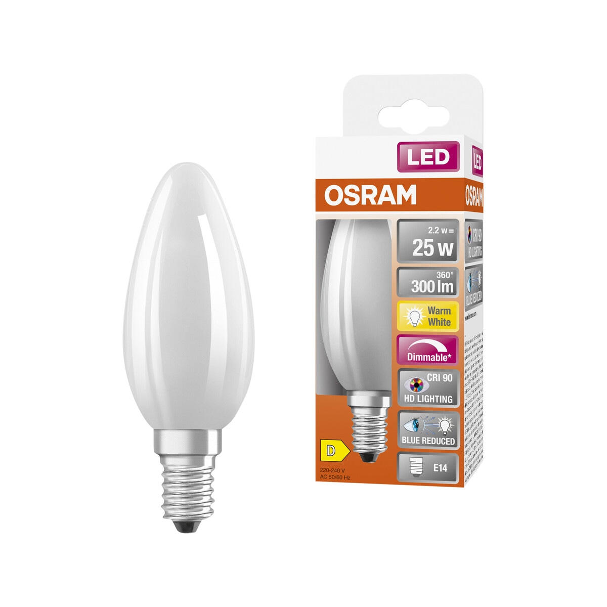 Dimbar kronljuslampa LED E14 Osram, varmvit