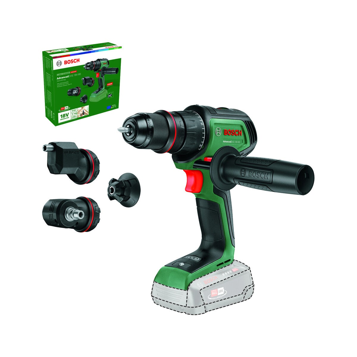 Bosch AdvancedDrill 18V-80 Akkuporakone, jossa QuickSnap-kiinnike