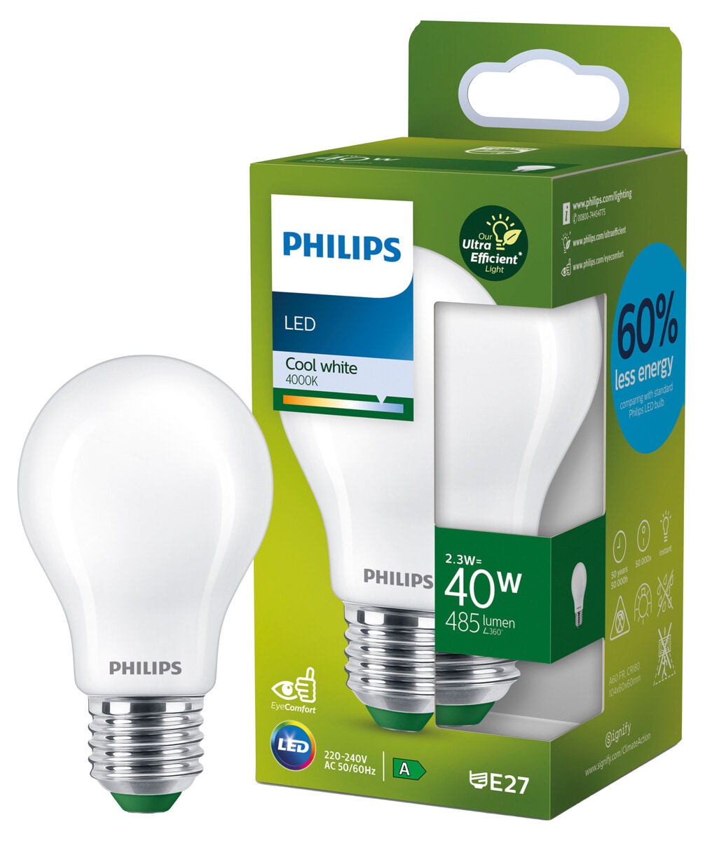 Kaldhvit LED-pære E27 A60 2,3 W, Philips Ultra Efficient