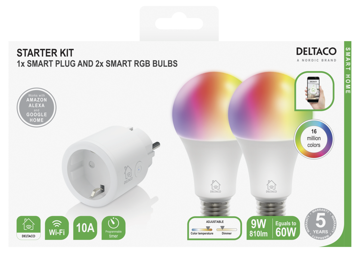 Deltaco Smart Home WiFi set, smart-plug och 2 x E27 RGB LED-lampor