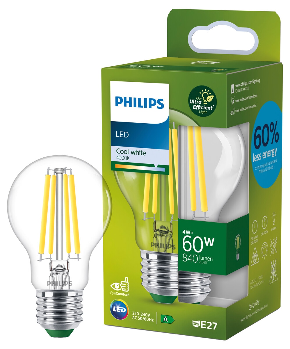 Kallvit LED-lampa E27 A60 4 W 4000 K, Philips Ultra Efficient