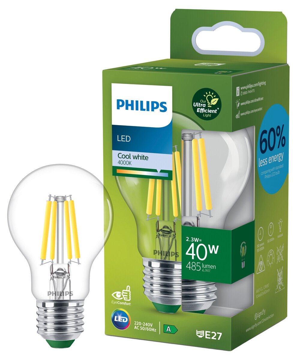 Kallvit LED-lampa E27 A60 2,3 W, Philips Ultra Efficient