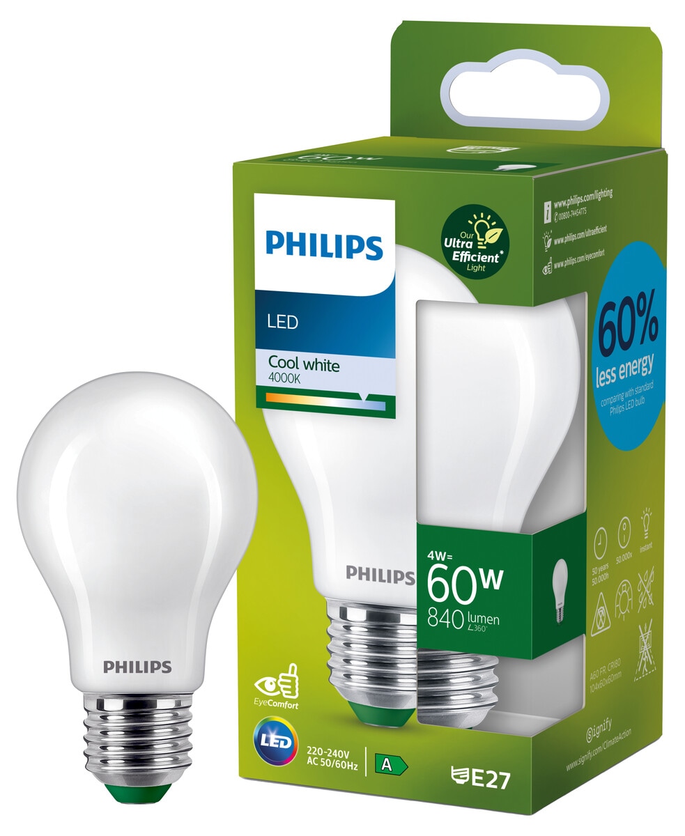 Kallvit LED-lampa E27 A60 4 W, Philips Ultra Efficient