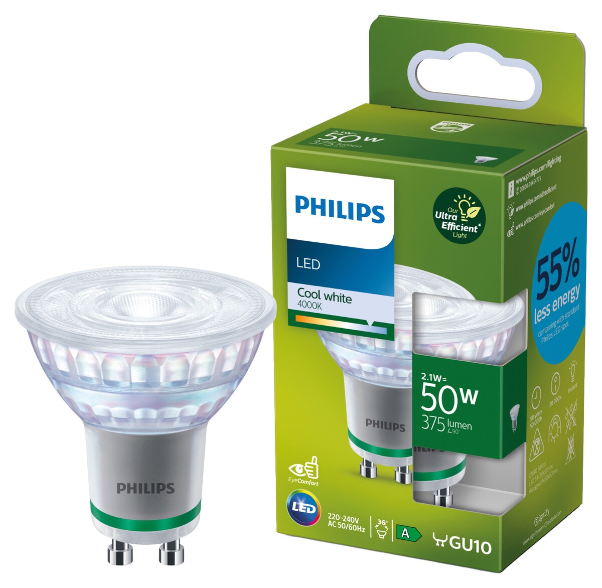Kallvit LED-lampa spot GU10 2,1 W, Philips Ultra Efficient