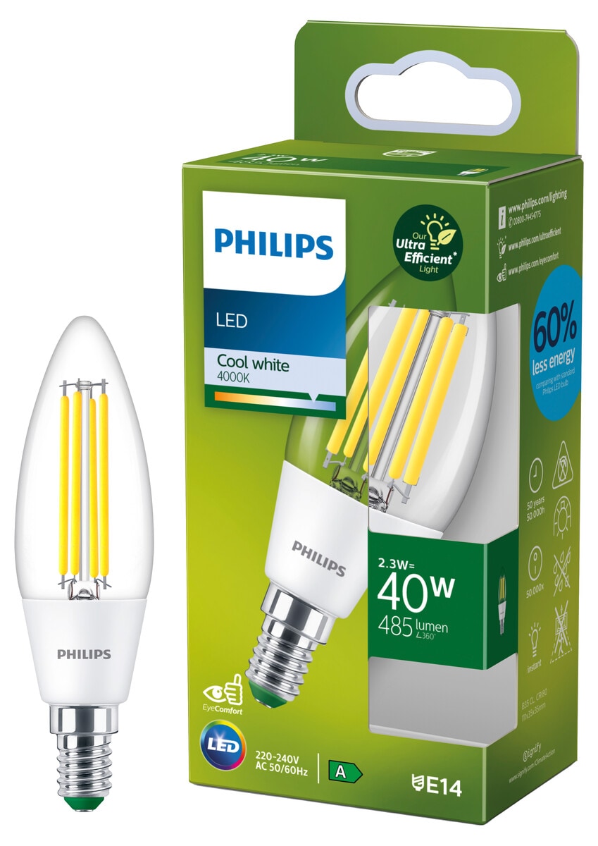 Kallvit LED-kronljuslampa E14 B35 2,3 W, Philips Ultra Efficient