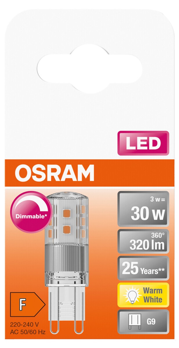 Osram G9 dimbar LED-stiftpære PIN 30, 3 W, varmhvit