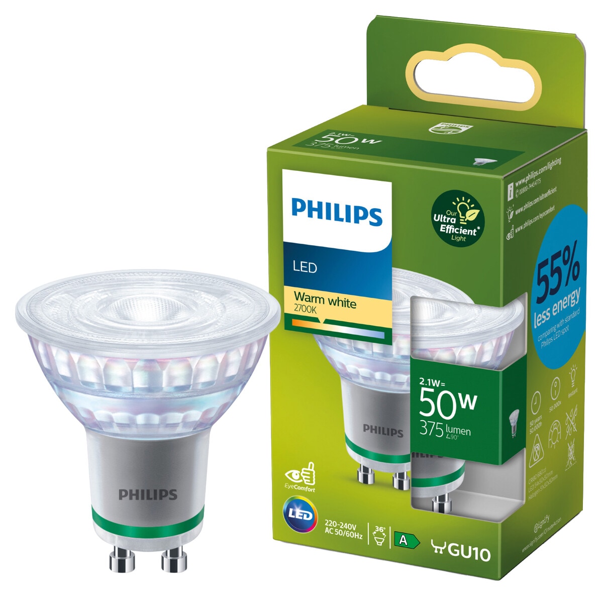 Varmvit LED-lampa spot GU10 2,1 W, Philips Ultra Efficient