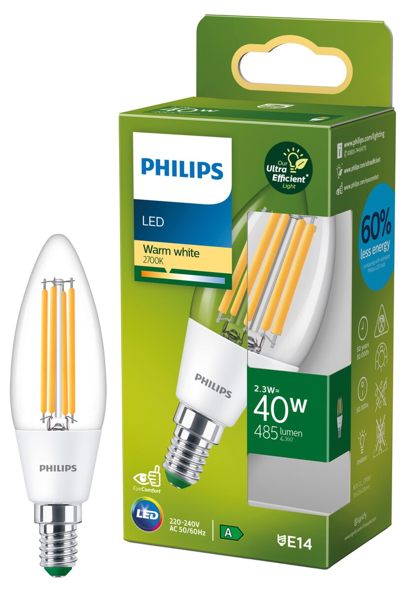 Varmhvit LED-mignonpære E14 B35 2,3 W, Philips Ultra Efficient