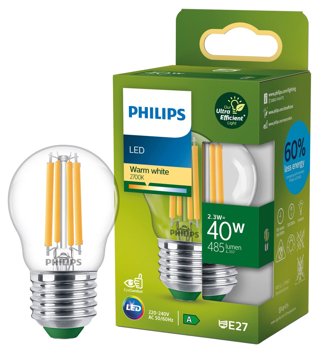Varmhvit LED-pære E27 G45 2,3 W, Philips Ultra Efficient