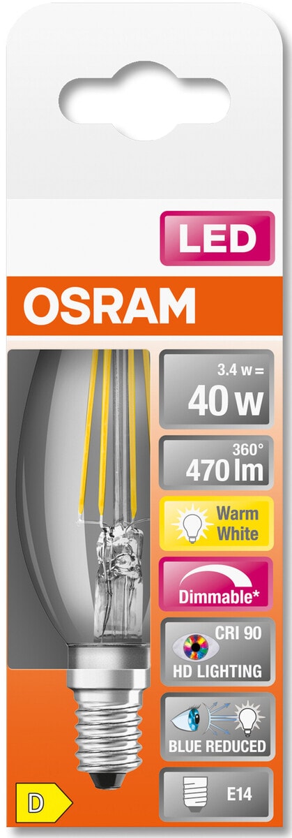 Dimbar mignon lyspære LED E14 Osram, varmhvit
