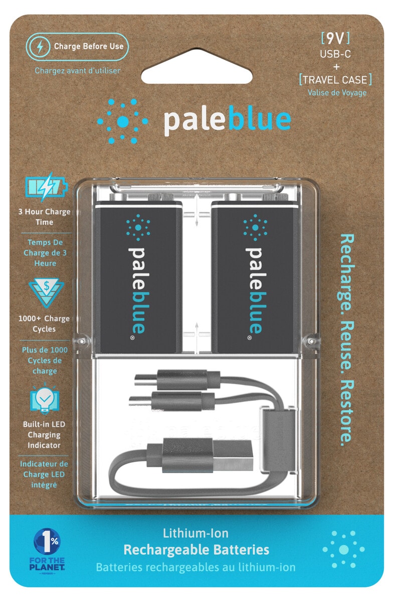 Pale Blue 9 V laddningsbara batterier USB-C, 2-pack