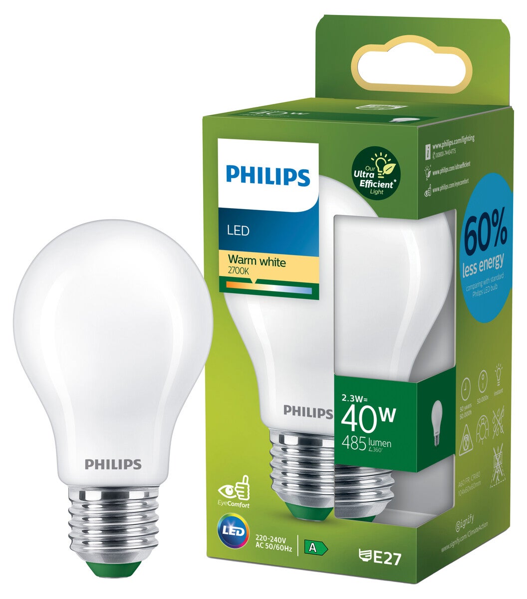 Varmhvit LED-pære E27 A60 2,3 W, Philips Ultra Efficient