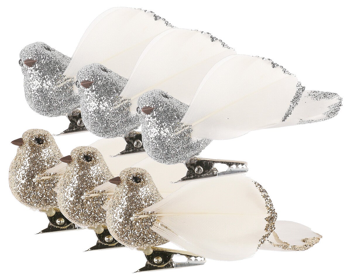 Clas Ohlson Dekorationsfåglar med clips, silver och guld, 6-pack
