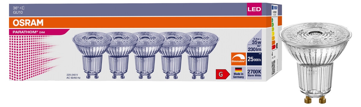 GU10 dimbar LED-reflektorpære på 3,4 W, Osram PAR16, 5-pakning