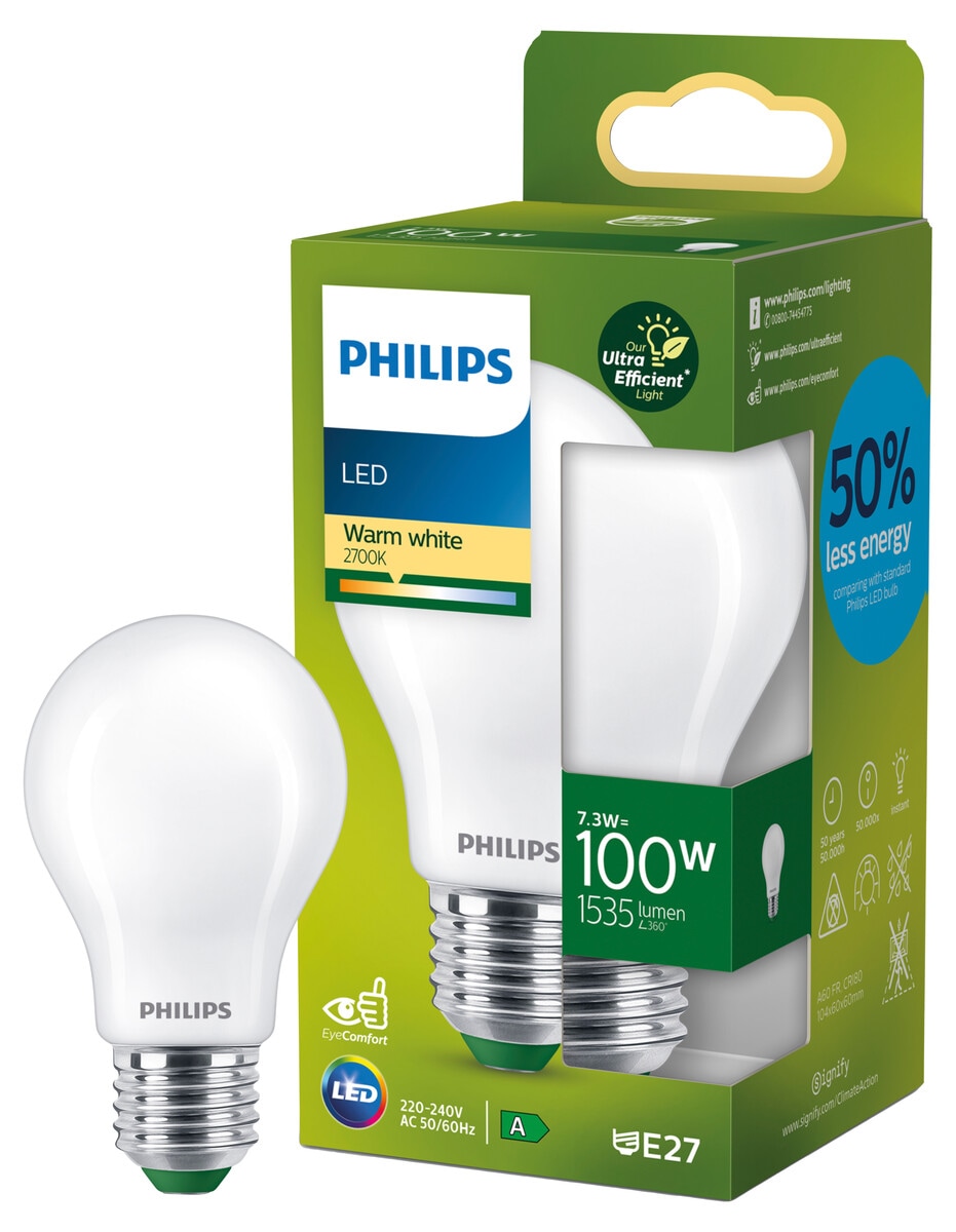 Varmhvit LED-pære E27 A60 7,3 W, Philips Ultra Efficient