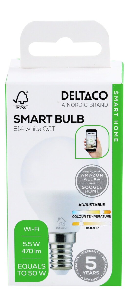 Deltaco Smart LED-pære E14 5,5 W dimbar, SH-CHLE14P45