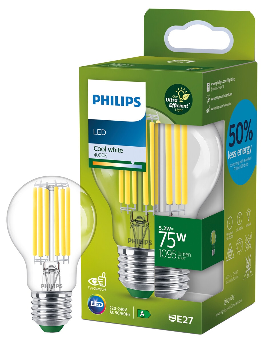 Kallvit LED-lampa E27 A60 5,2 W, Philips Ultra Efficient