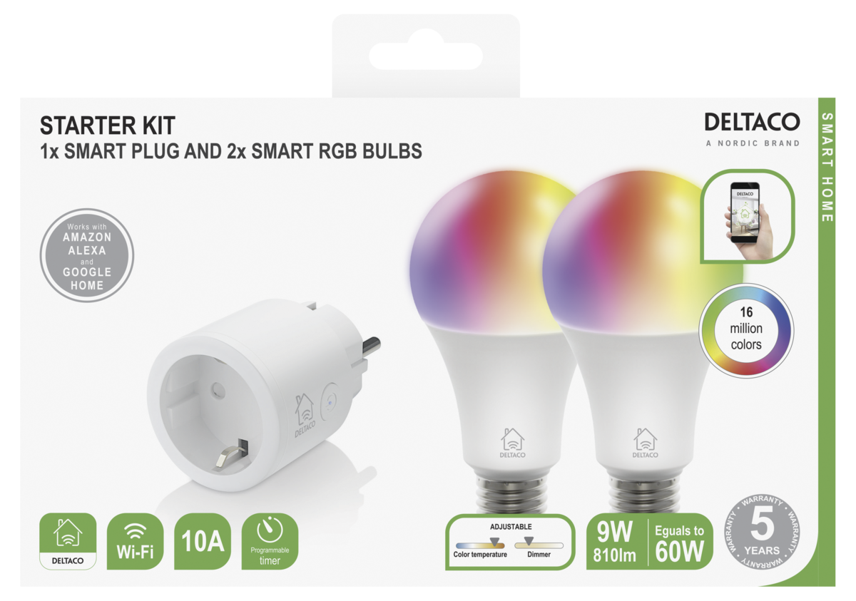 Deltaco Smart Home WiFi set, smart-plug och 2 x E27 RGB LED-lampor