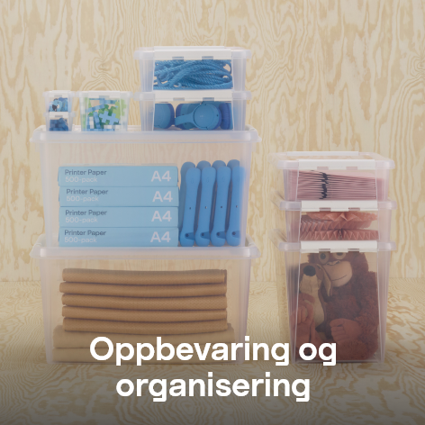 Copy: Oppbevaring og organisering
    Bild: En hylle i tre med plastbokser som rommer småoppbevaringsartikler, som krukker og flasker, i et lyst og ryddig miljø.
    
    

 