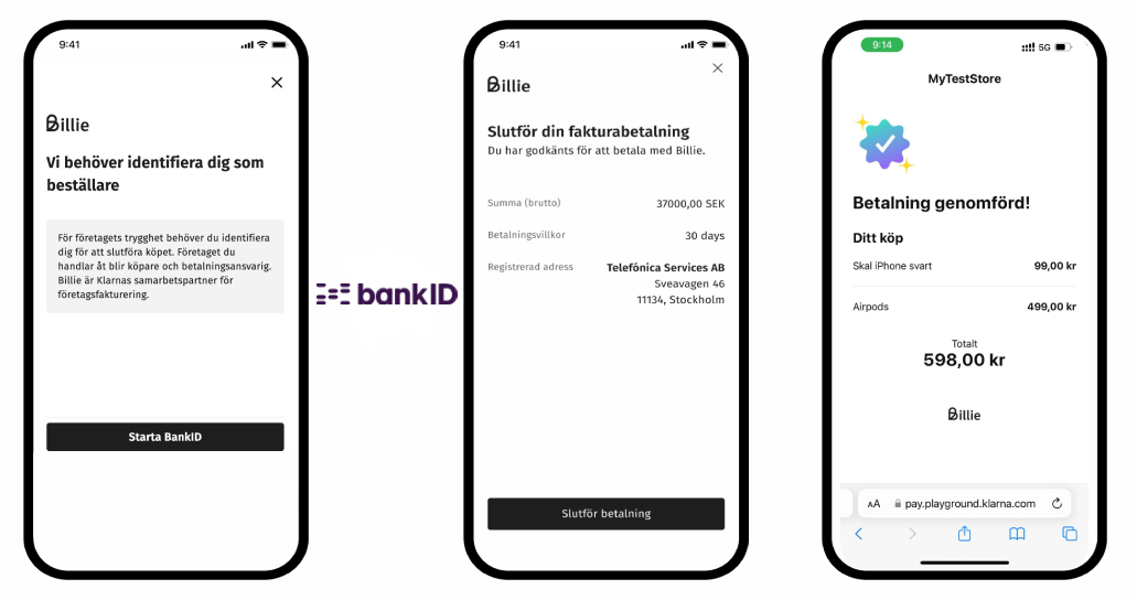 Tre mobilskärmar som visar ett betalflöde med Billie: först identifiering med BankID, sedan fakturasammanfattning med belopp och företagsadress, och sist en bekräftelse på genomförd betalning med orderdetaljer och totalpris.