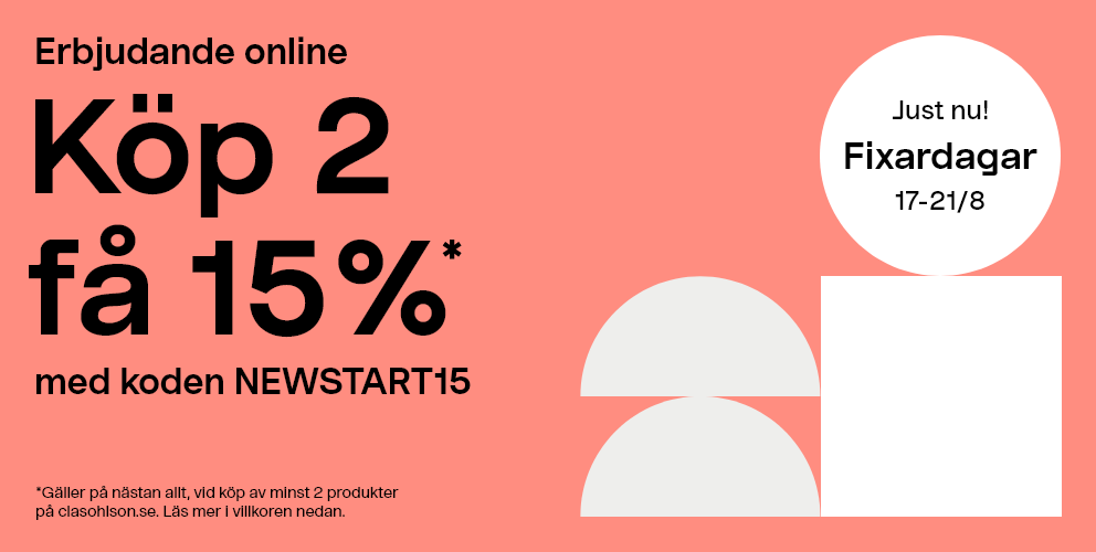 Just nu! FIxardagar 17-21/8. Erbjudande online. Köp 2 få 15%* med koden NEWSTART15. *Gäller på nästan allt, vid köp av minst 2 produkter  på clasohlson.se. Läs mer i villkoren nedan.