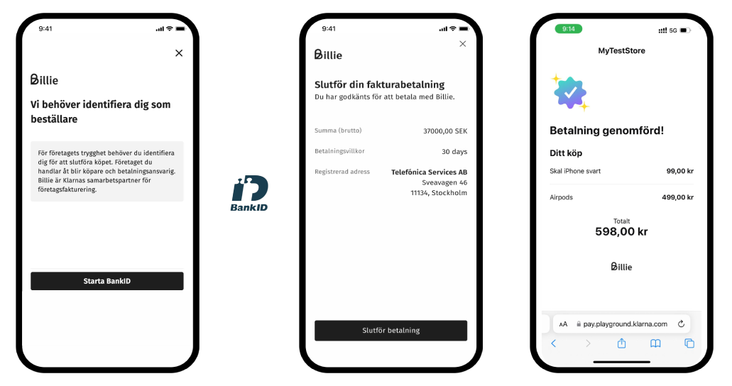 Tre mobilskärmar som visar ett betalflöde med Billie: först identifiering med BankID, sedan fakturasammanfattning med belopp och företagsadress, och sist en bekräftelse på genomförd betalning med orderdetaljer och totalpris.