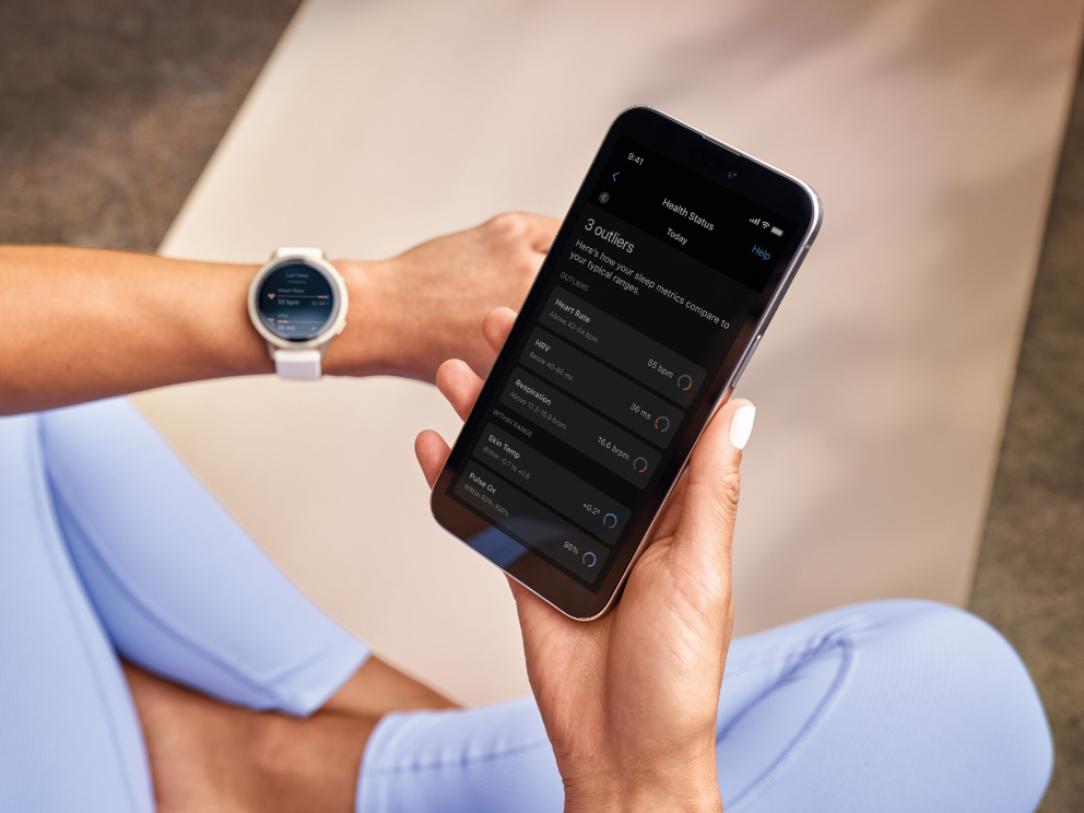 Garmin‑klokke synkronisert med mobiltelefon.