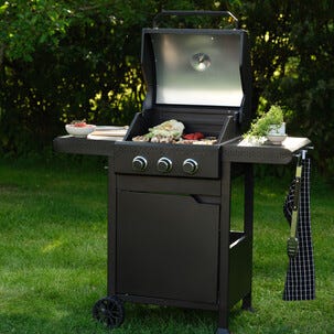 Gasolgrill med 3 brännare, sidobord och grillvagn