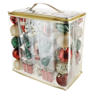 Juletrepynt i plast, røde, grønne og gullfargede, 81-pakning