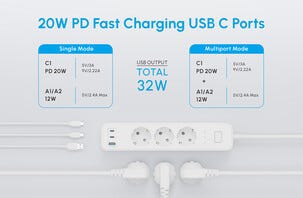 Grenuttag 3-vägs med USB-A och USB-C, 1,5 meter