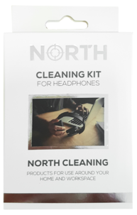 North sett for rengjøring av headset, med væske, børste og klut