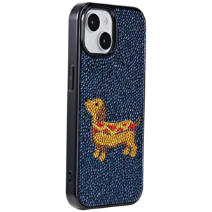 Exibel Sausage Dog mobilskal för iPhone 13/14/15/16e/17e, blå