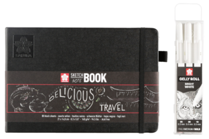 Notatbok med svarte ark og 3 hvite penner, Sakura