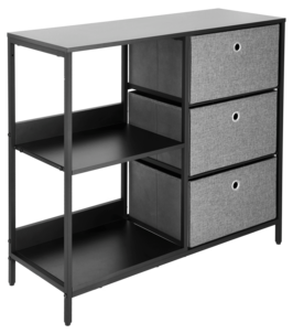 Lav hylle i metall med skuffer i tekstil, svart