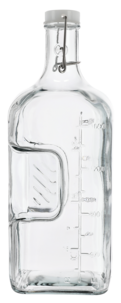 Lasipullo, jossa muotoiltu kylki ja patenttikorkki, 1,8 litraa