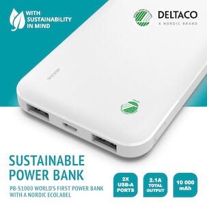 Deltaco Powerbank 10 000 mAh, 2 x USB-A