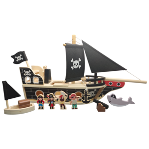 Piratskepp i trä med figurer och tillbehör, från 3 år