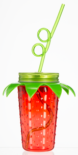 Plastmugg med lock och sugrör, jordgubbe