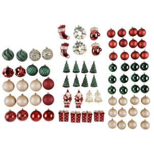 Juletrepynt i plast, røde, grønne og gullfargede, 81-pakning