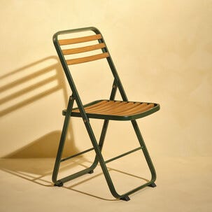 Cafeset utomhus, bord och 2 stolar, grön metall, trä