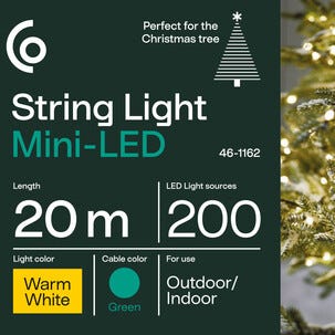 Mini LED lyslenke varmhvit grønn kabel 200 lys, 20 m