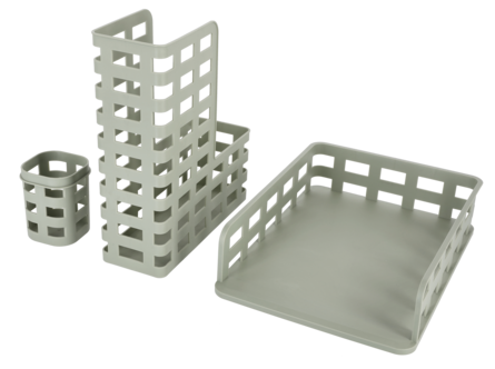 Kontorskit tidskriftsamlare, pennkopp och brevkorg