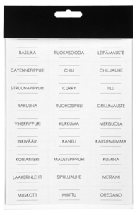Etiketit purkkeihin mausteille ja kuiva-aineille