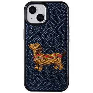 Exibel Sausage Dog mobilskal för iPhone 13/14/15/16e/17e, blå