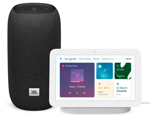 Google Nest Hub+, JBL Link Portable sett