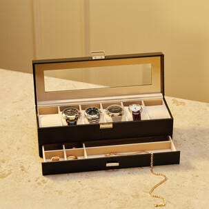 Miesten kellolaatikko 6 kellolle ja tarvikkeille, tekonahka