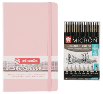 Skisseblokk og 8 Pigma Micron penner, Sakura