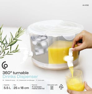 Drikkedispenser med 4 tappekraner, lokk og dreiebrett, 5,5 liter