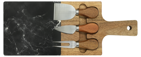 Ostefatsett i tre med 3 ostekniver og marmorplate
