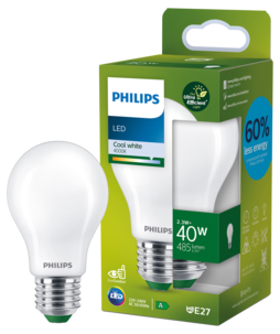 Kaldhvit LED-pære E27 A60 2,3 W, Philips Ultra Efficient